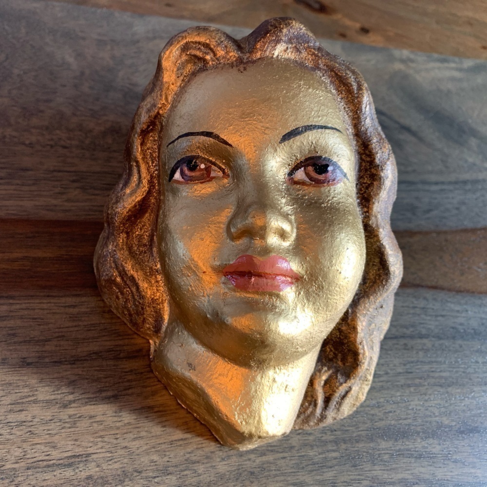 Sculpture Woman Face Stamped Amphora Made in Spain Brown Eyes Gold Toned Vtg.